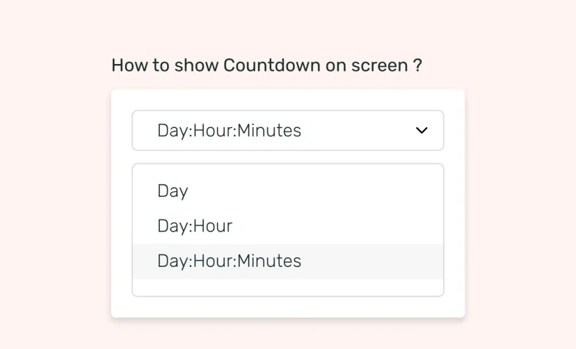 Countdown app interface showing theme options like Day, Day:Hour and Day:Hour:Minutes to display on digital signage screens