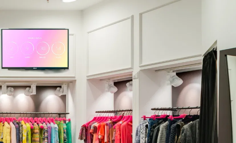 Digital signage screen placed in clothing store showing Countdown Timer of an event using Pickcel digital signage software