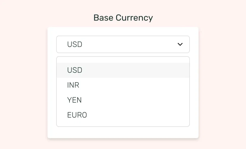Currency Exchange Rate app interface showing base currency options like USD, INR, YEN etc., to display on digital signage screens