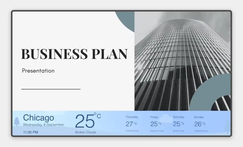Digital signage displaying simultaneous contents from Google Slides app and Weather app