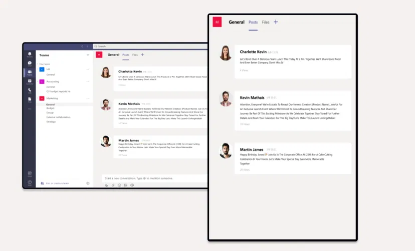 Microsoft Teams app feed preview in digital screens with landscape and portrait layouts