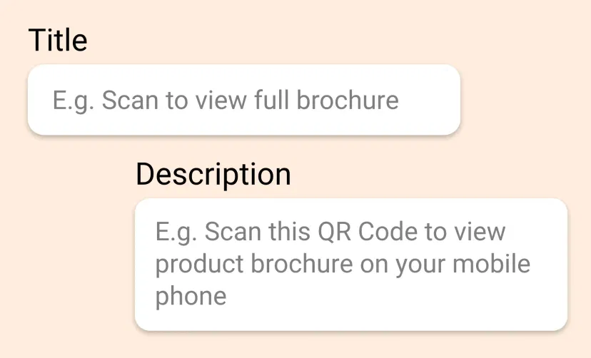 QR Code app window layout showing feature to add title and description to display on digital screens