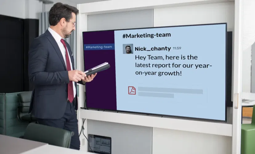 Digital signage powered by Pickcel displaying Slack app messages from marketing channel
