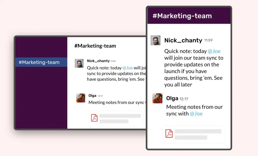 Slack app feed preview in digital screens with landscape and portrait layouts