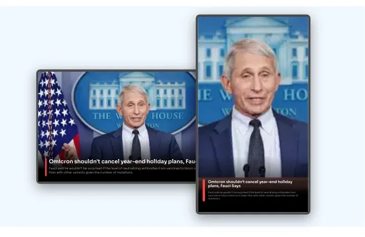 Digital signage TOI news app layout preview showing app data fit into any layout and adjusts to screen size and orientation