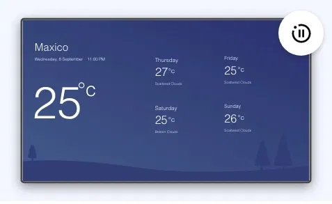 Weather app preview showing animated weather effects like rain and clouds on digital signage screen