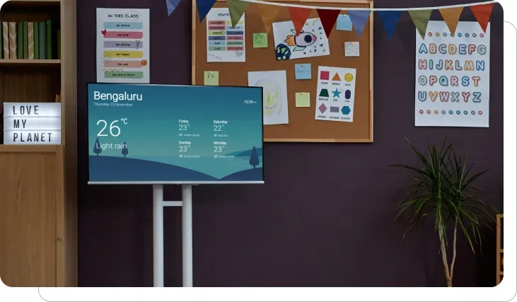 Digital screen showing weather and information