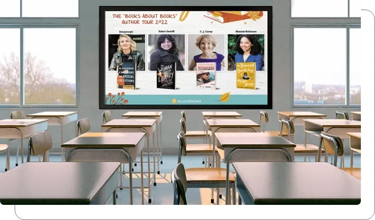 Digital display in school library showing book recommendations
