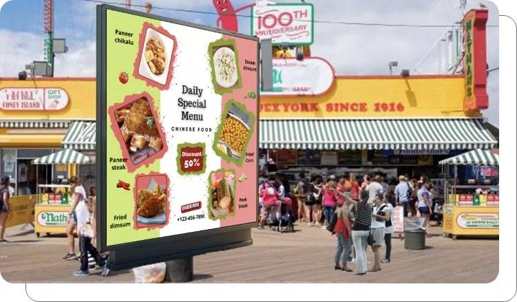 Digital menu board showing culinary options and food specials at amusement park