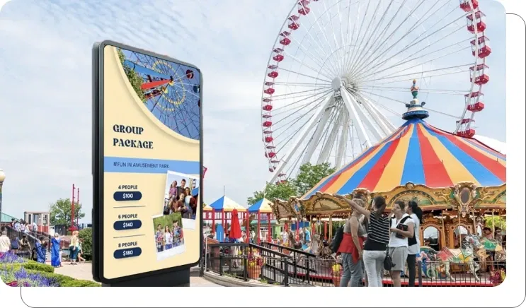 Digital screen showing upselling deals and special offers at amusement park