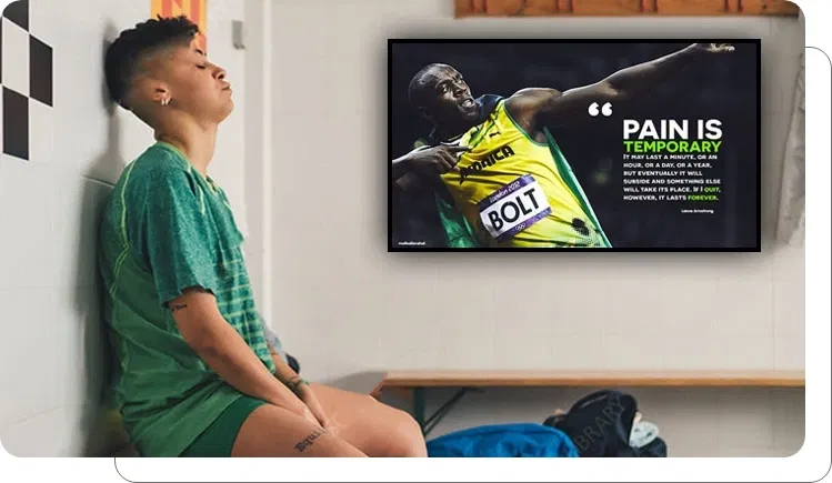 Digital signage screen showing internal updates and team communications at stadium Digital signage screen showing internal updates and team communications at stadium