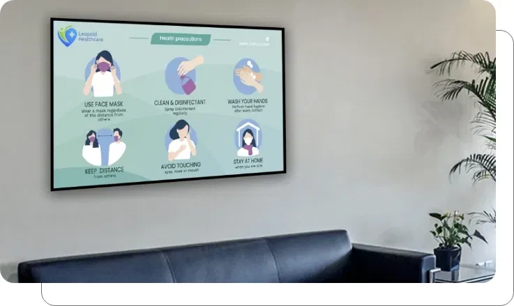 An office digital signage screen showing financing info