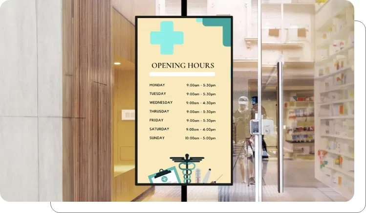A digital signage screen showing essential medical office data