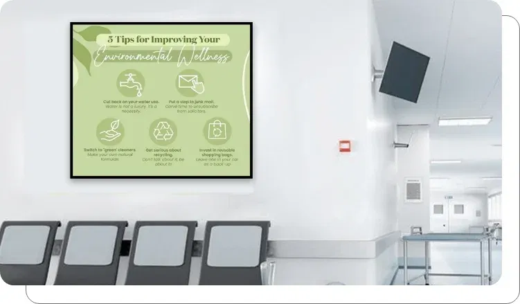 A digital signage screen showing environmental wellness content