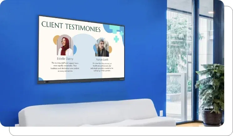 A digital signage screen showing patient success stories