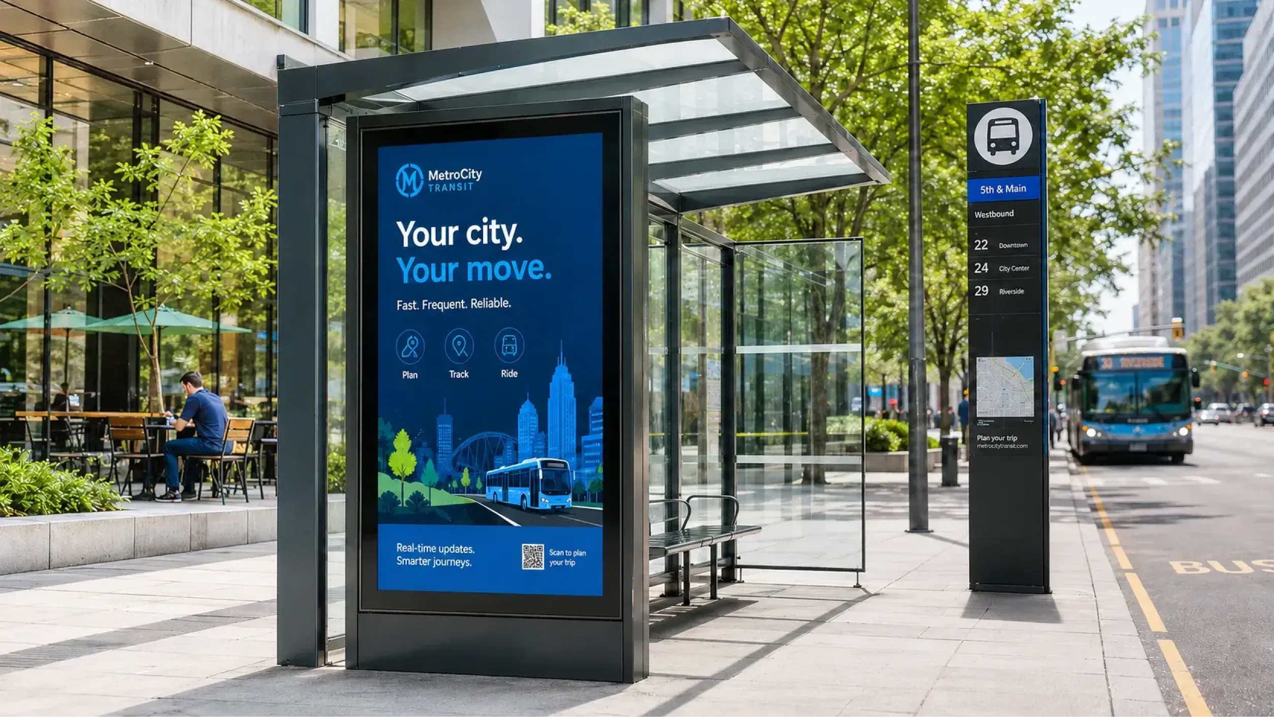Bus stop digital signage system displaying real-time bus arrivals and route information at a BRTS station