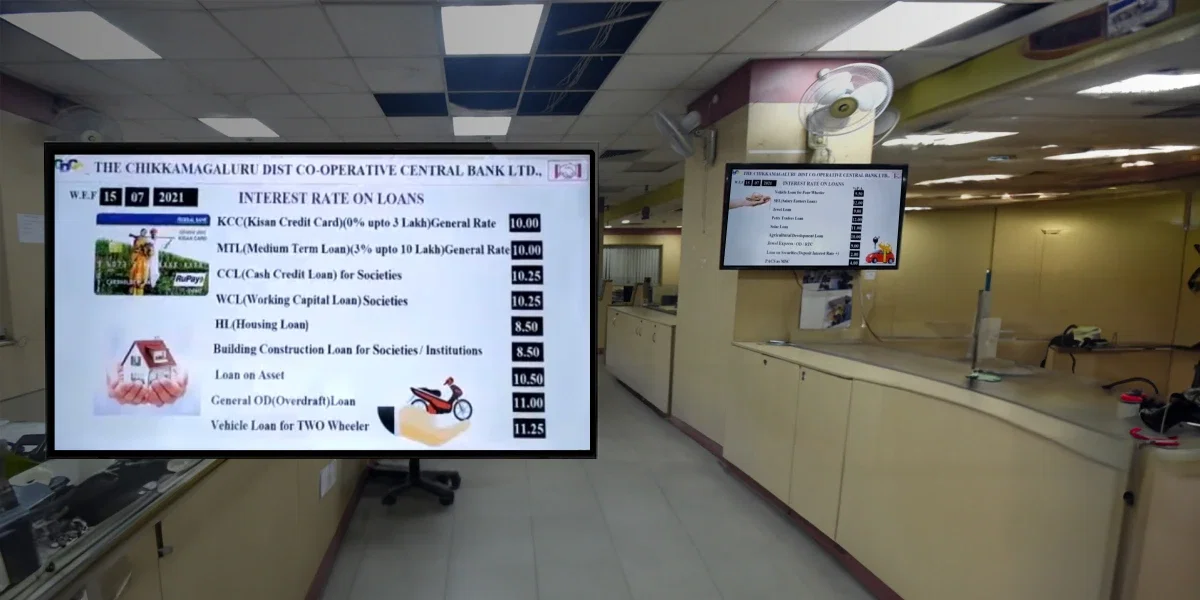 Banking content running on Pickcel's screens at Chikkamagaluru DCC Bank