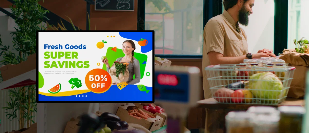 Edutrack Displays in a supermarket using dual-sided digital signage