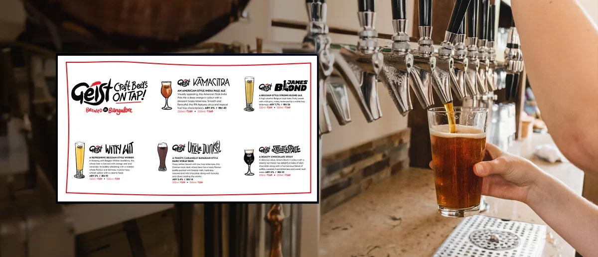 Indian craft beer brand Geist Brewing Co. screen showcasing menu and promotions via Pickcel