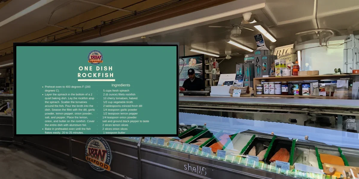 J&W Seafood digital menu board displaying menu items and pricing powered by Pickcel