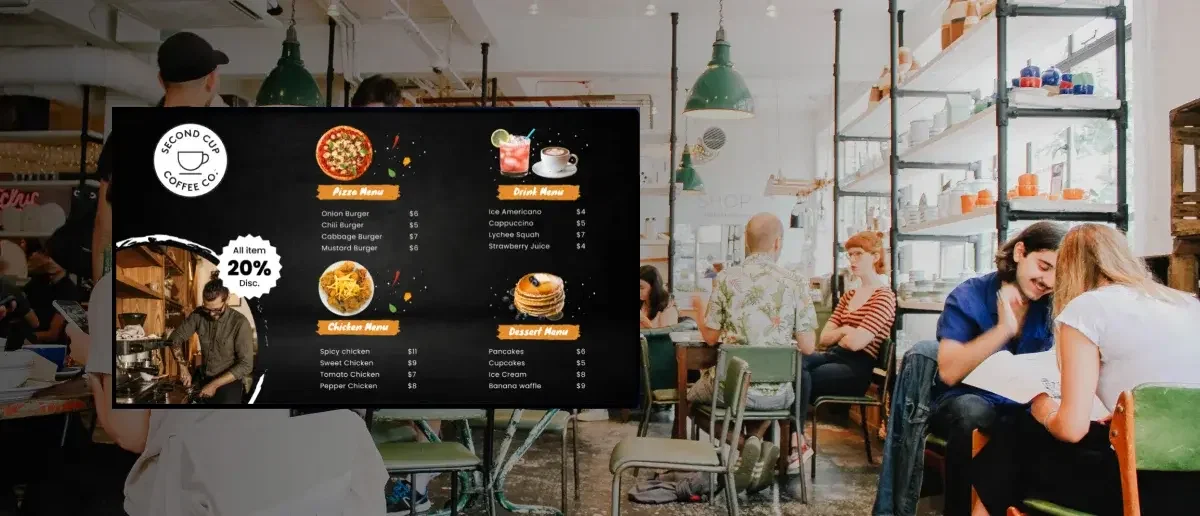 Digital menu board at Second Cup Coffee displaying menu items and branding