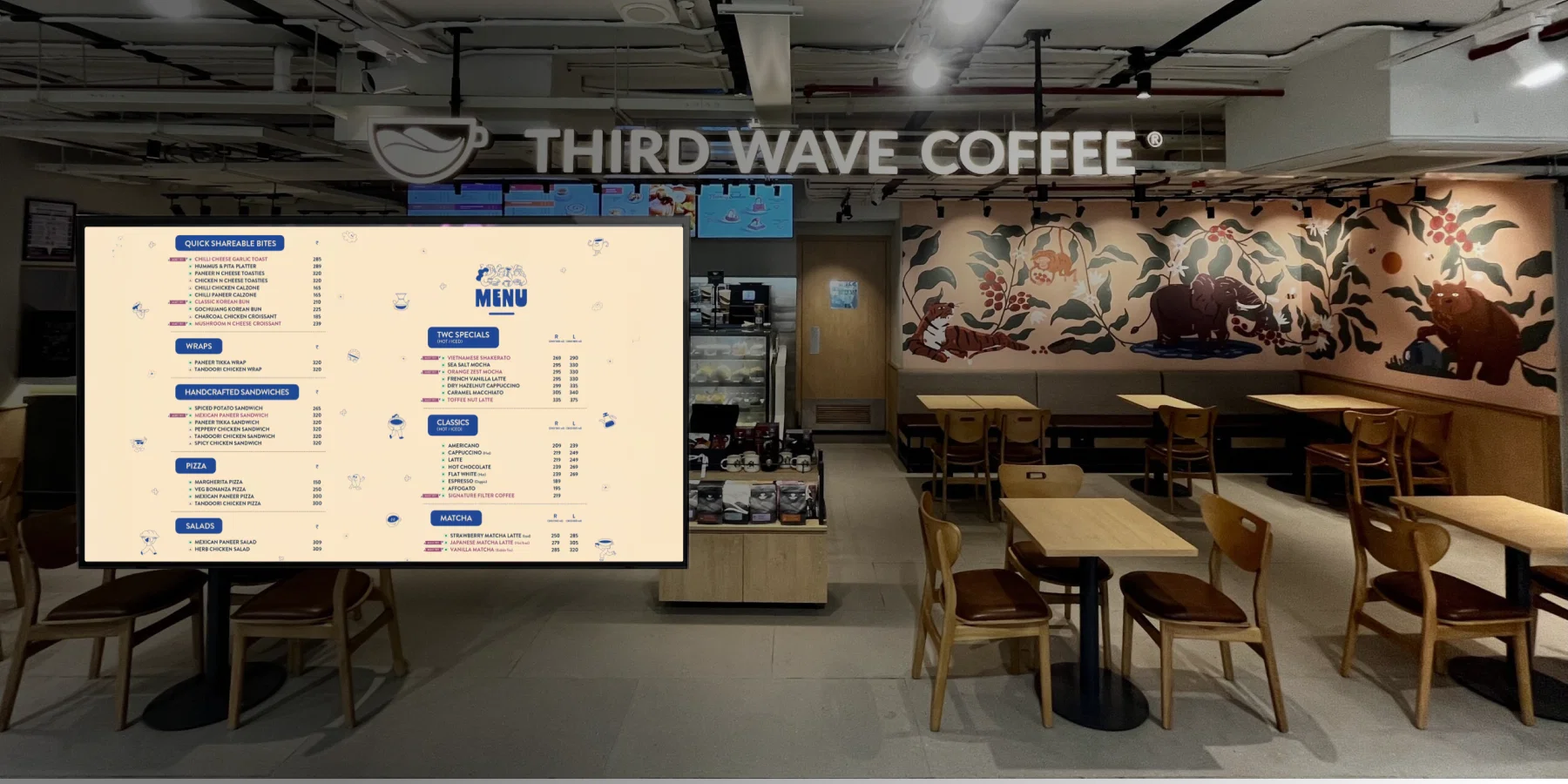 Third Wave Coffee store displaying digital menu boards powered by Pickcel