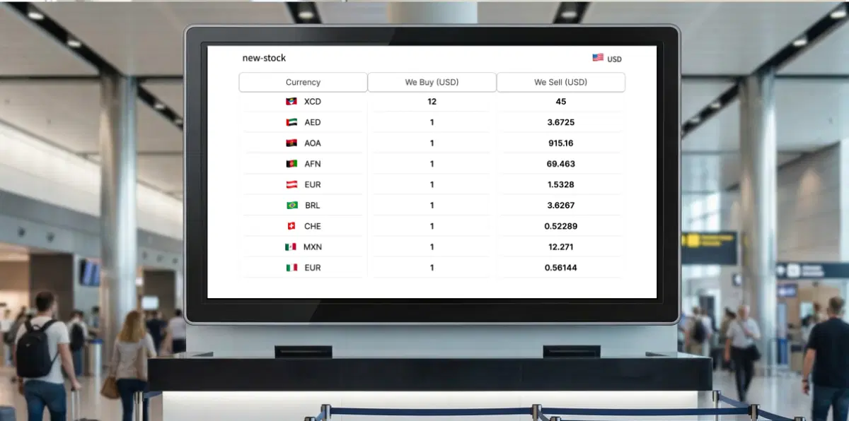 Airport and transit counters using currency exchange board on digital signage Airport and transit counters using currency exchange board on digital signage