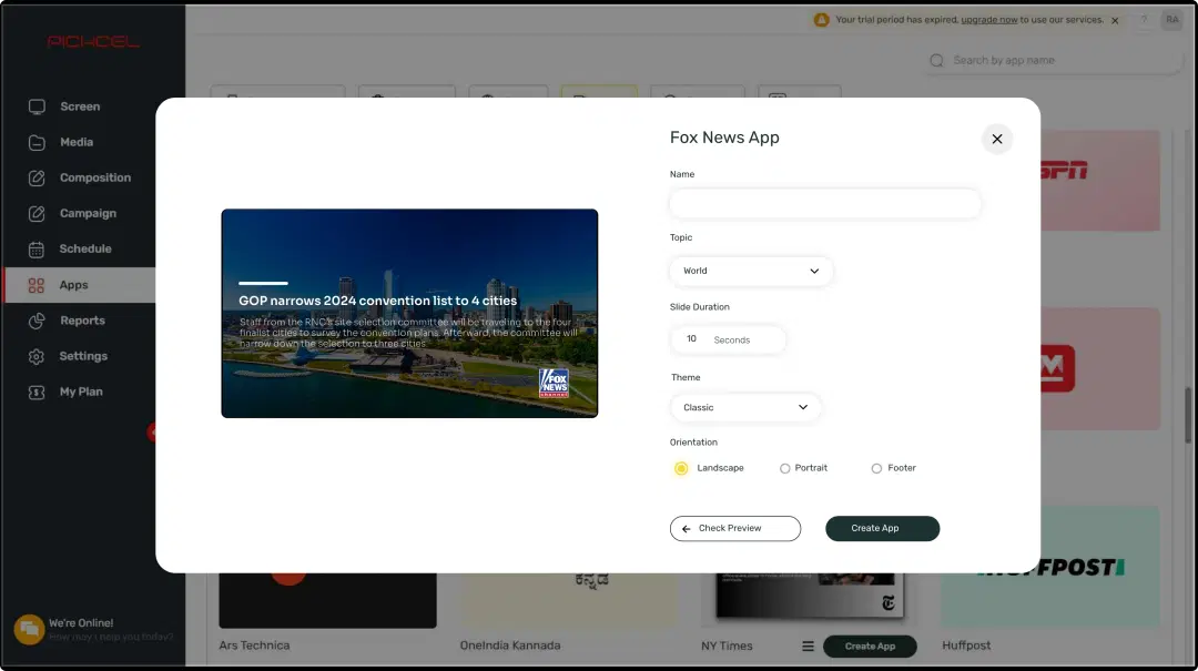 Step 1: Digital signage software interface showing Fox News App configuration window with multiple options Step 1: Digital signage software interface showing Fox News App configuration window with multiple options