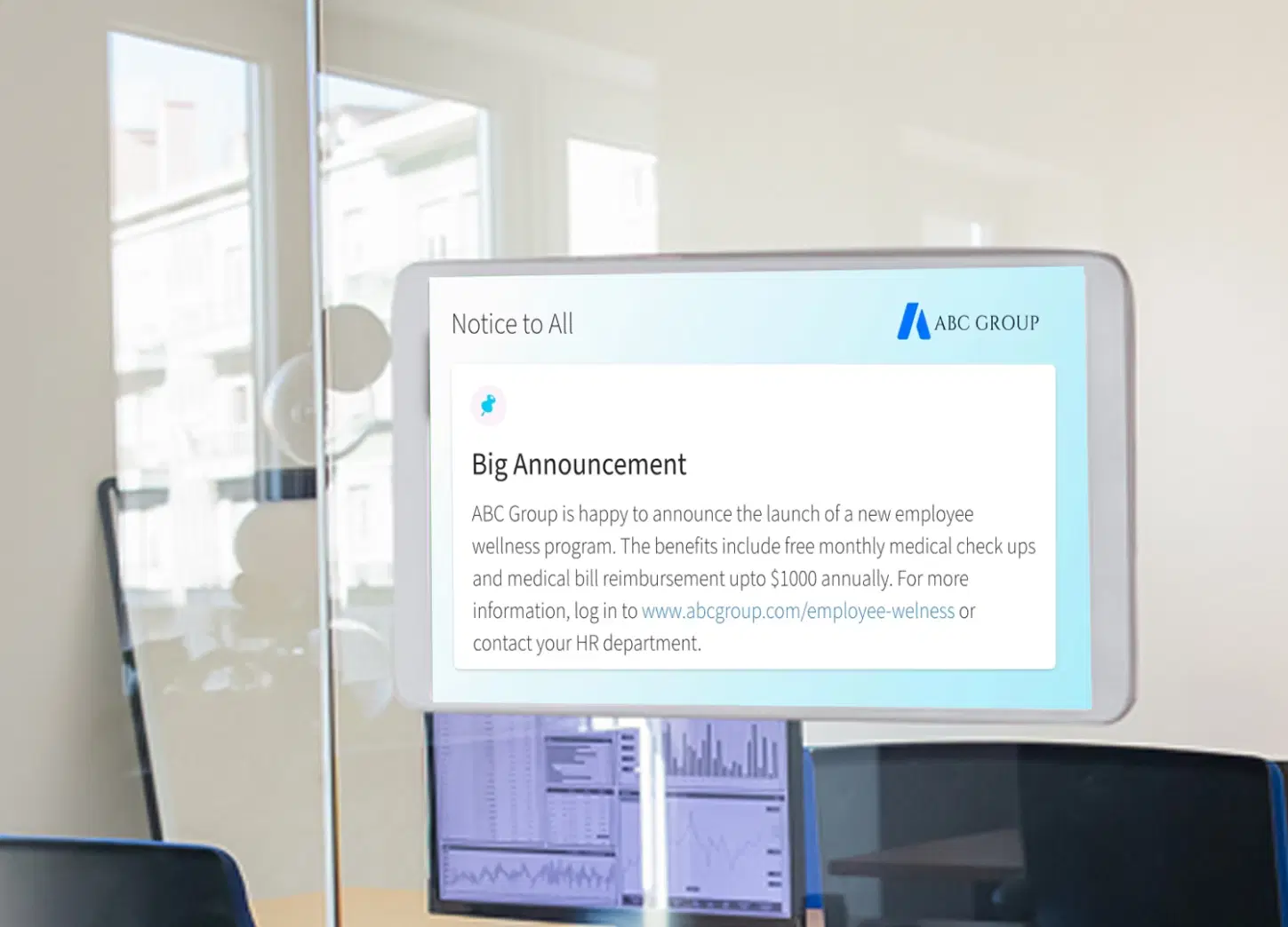 Workplace screen showing an all-hands employee announcement