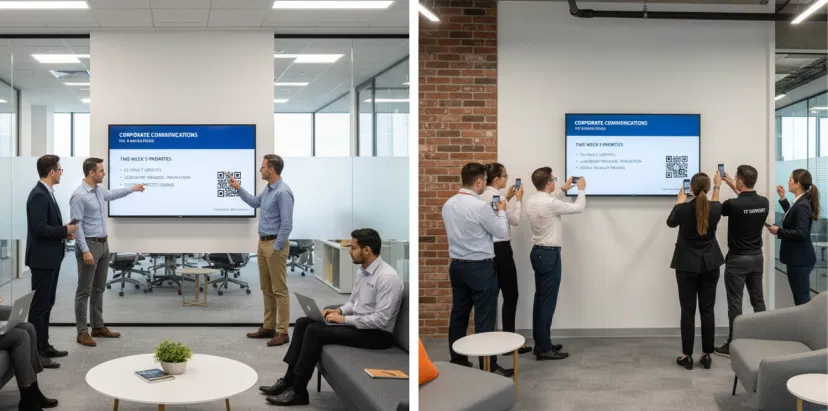 Digital signage in an office displaying team announcements from OneDrive Digital signage in an office displaying team announcements from OneDrive