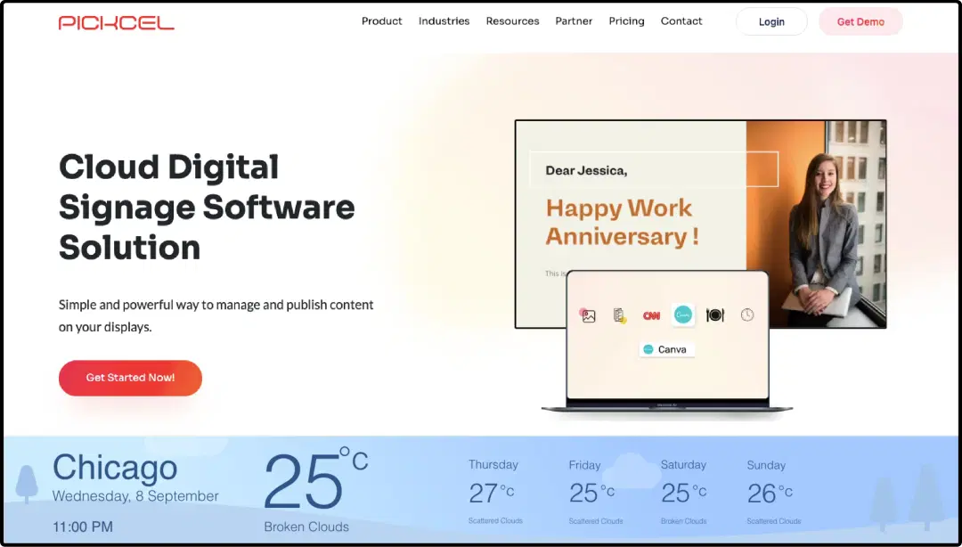 Step 3: Digital signage software interface showing composition window with Web URL App and weather app feeds Step 3: Digital signage software interface showing composition window with Web URL App and weather app feeds