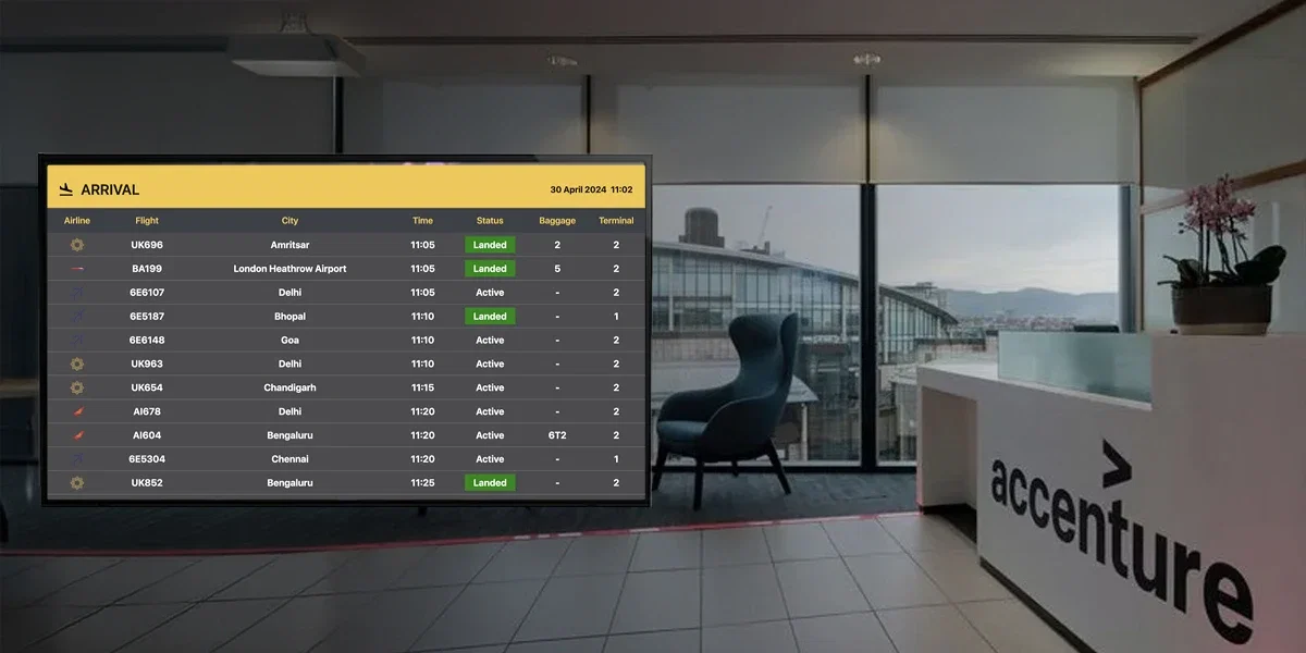 Accenture lobby kiosk showing live flight information powered by Pickcel FIDS digital signage solution Accenture lobby kiosk showing live flight information powered by Pickcel FIDS digital signage solution