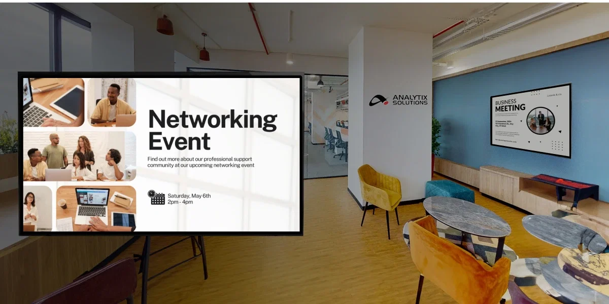 Office screens displaying internal communications at Analytix Business Solutions Office screens displaying internal communications at Analytix Business Solutions