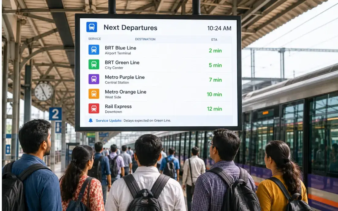 Passengers viewing a next departures passenger information display at a transit platform