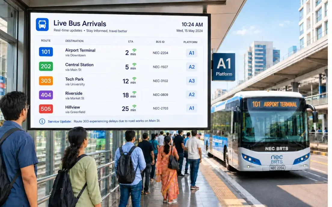 Digital transit display showing next departures at a bus rapid transit station