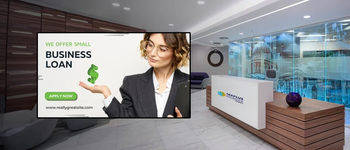 TaxPlus Insurance office display using Pickcel digital signage showing service highlights and updates TaxPlus Insurance office display using Pickcel digital signage showing service highlights and updates