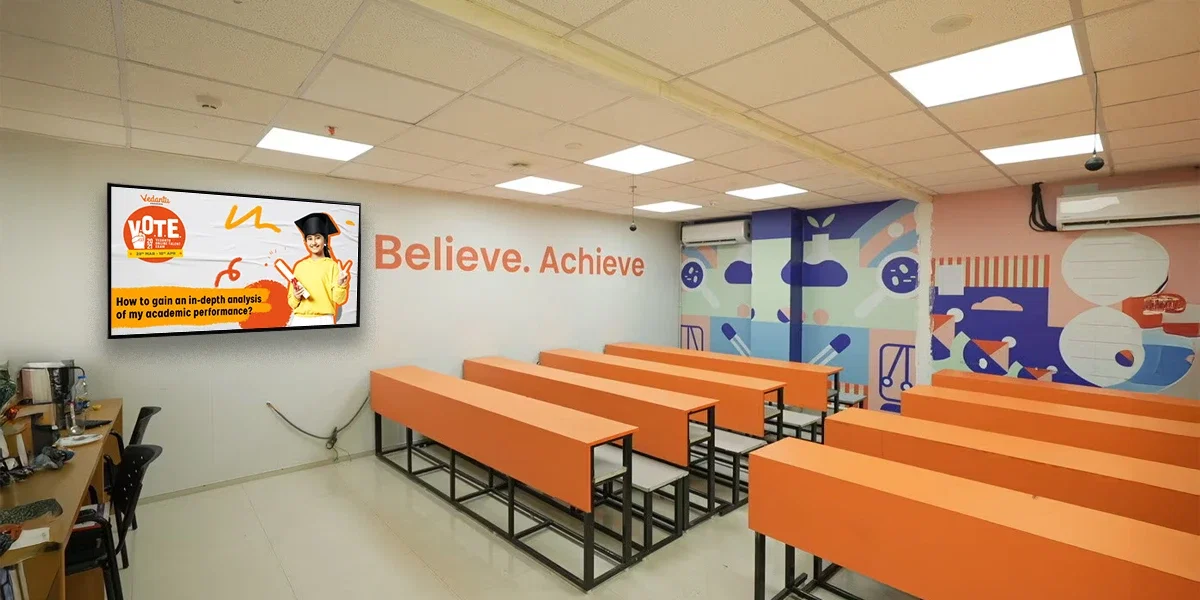 Vedantu learning center reception showing announcements on Pickcel-powered digital signage Vedantu learning center reception showing announcements on Pickcel-powered digital signage