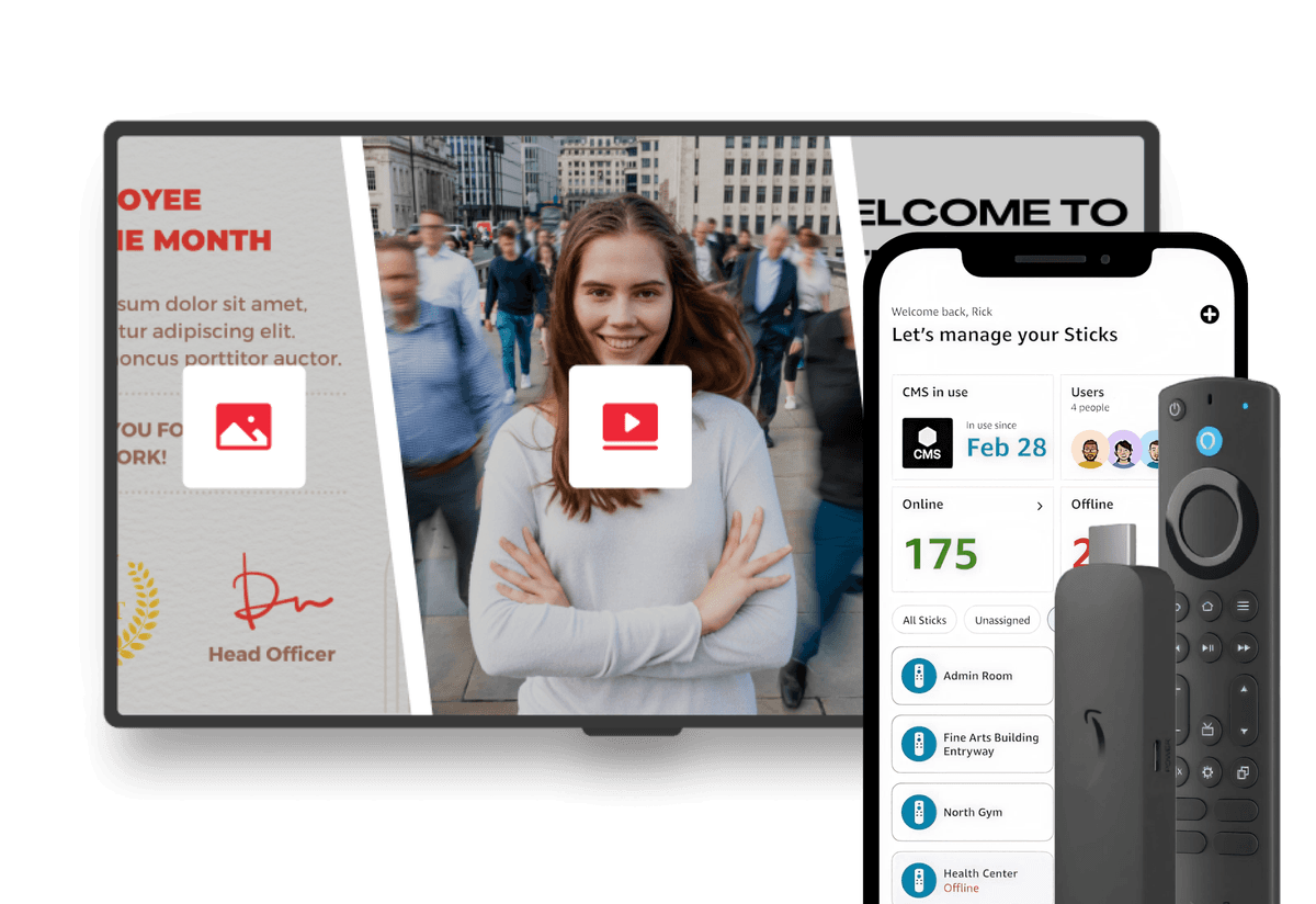 Pickcel collaboration illustration Team collaborating around a Pickcel-powered display