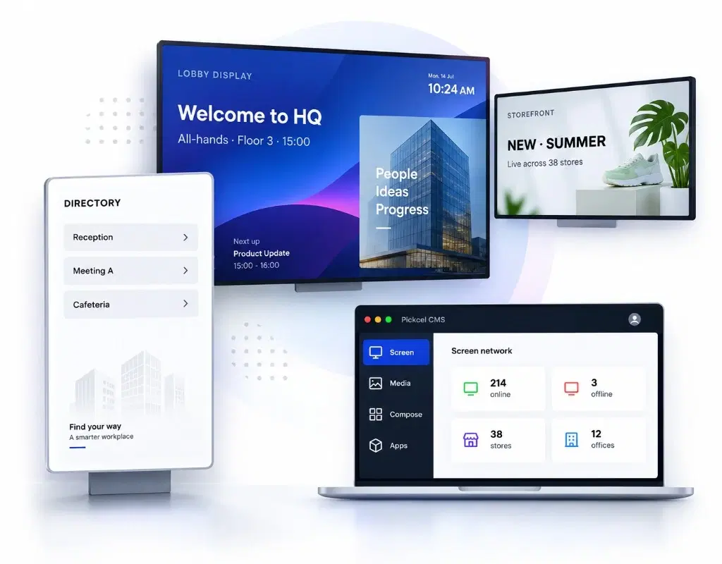 Pickcel digital signage on lobby, storefront, and directory displays managed from the Pickcel CMS