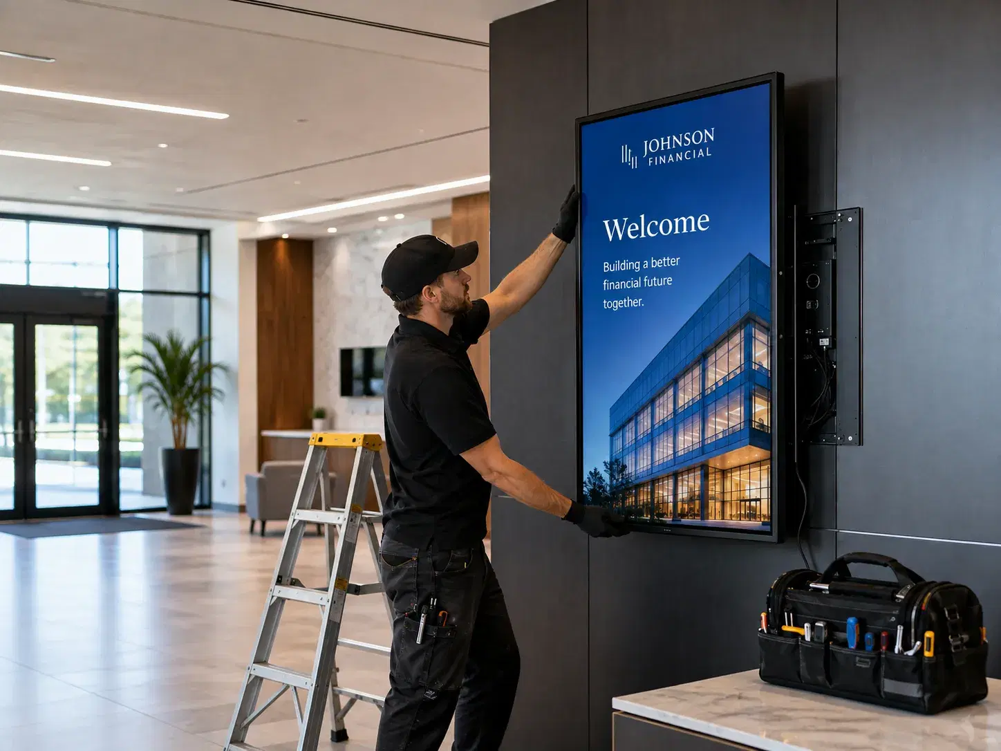 Technician mounting a commercial digital signage display during on-site installation