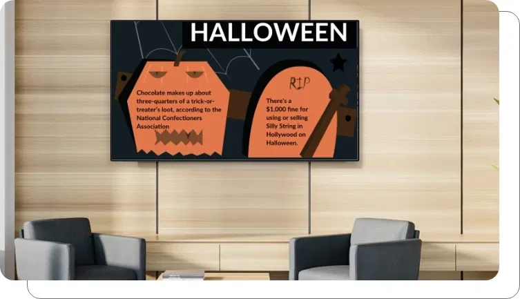 A digital signage screen showing client reviews in an office A digital signage screen showing client reviews in an office