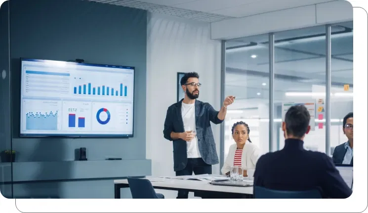 A digital signage screen showing conference popularity metrics A digital signage screen showing conference popularity metrics