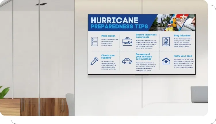 An office digital signage screen flashing an emergency message An office digital signage screen flashing an emergency message