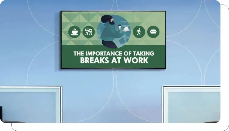 A digital signage screen showing client reviews in an office A digital signage screen showing client reviews in an office