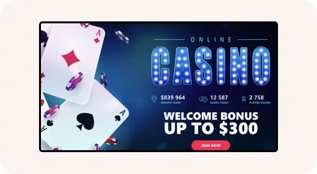 Digital screen showing promotions and advertising opportunities at casino Digital screen showing promotions and advertising opportunities at casino