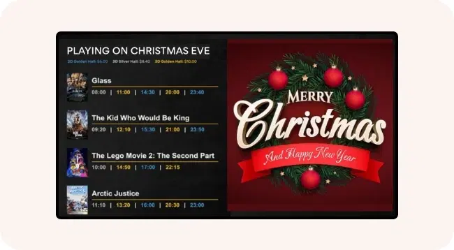 Digital screen showing customization options and special event timings at cinema Digital screen showing customization options and special event timings at cinema