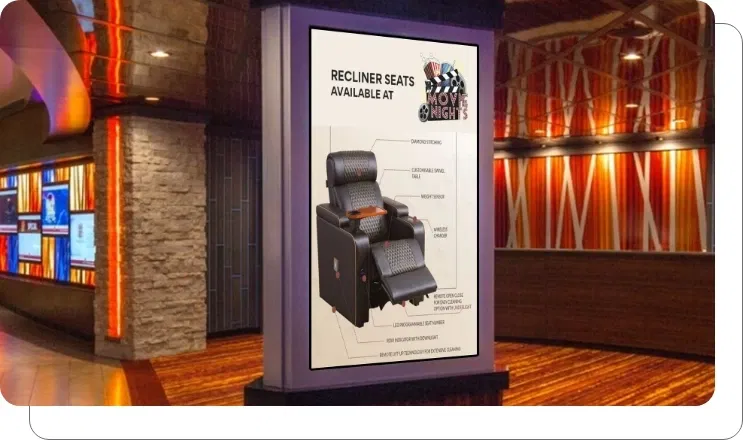 Digital screen showing cinema amenities and facilities at lobby Digital screen showing cinema amenities and facilities at lobby