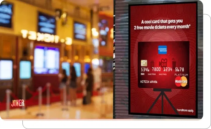 Digital signage screen showing discount offers and special pricing at cinema Digital signage screen showing discount offers and special pricing at cinema