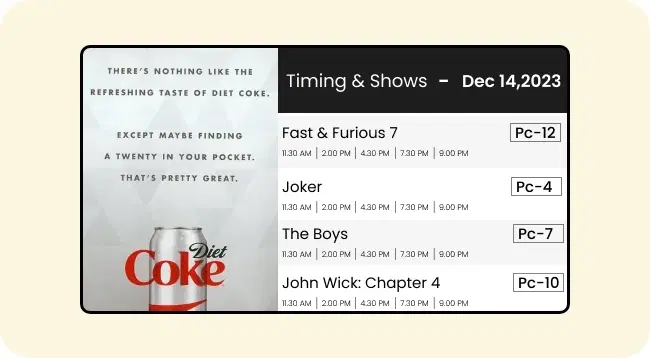 Digital signage screen showing revenue opportunities and advertising at cinema Digital signage screen showing revenue opportunities and advertising at cinema