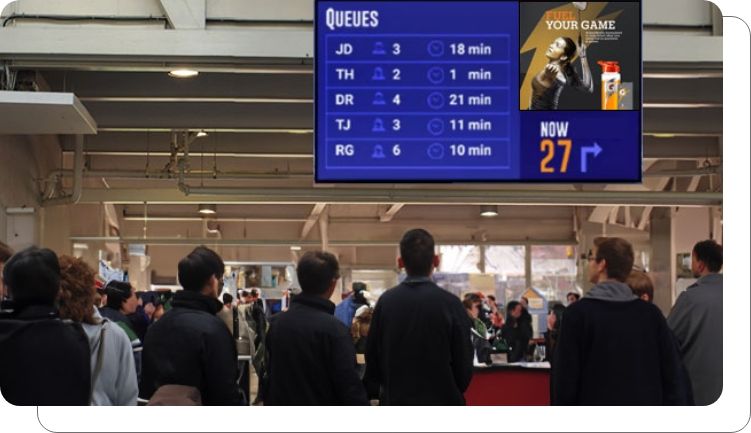 Digital screen showing crowd management and queue systems at stadium Digital screen showing crowd management and queue systems at stadium